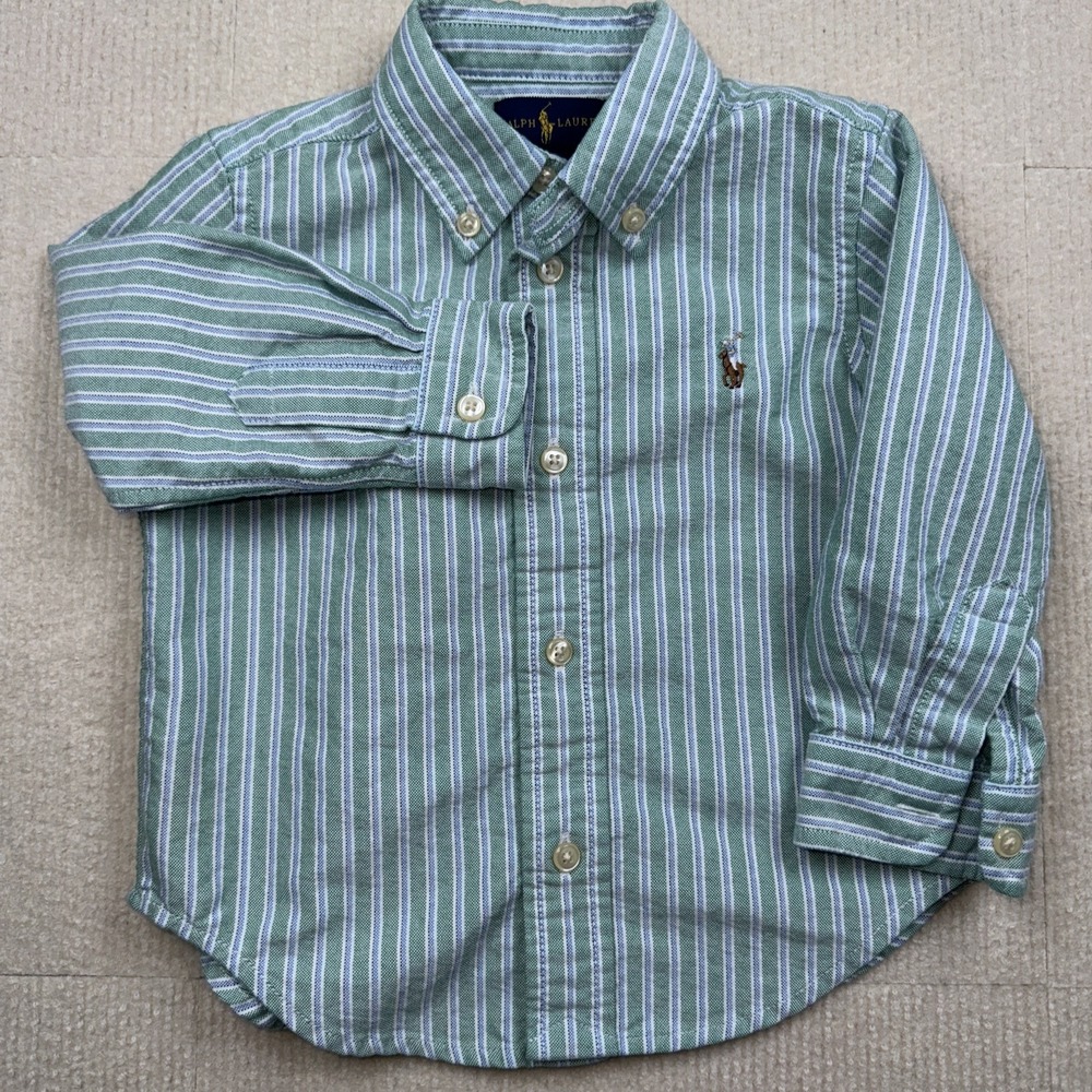 Ralph Lauren Boys Button Down Shirt 18Mths Long Sleeve Green Blue Stripe Brown - Picture 2 of 5